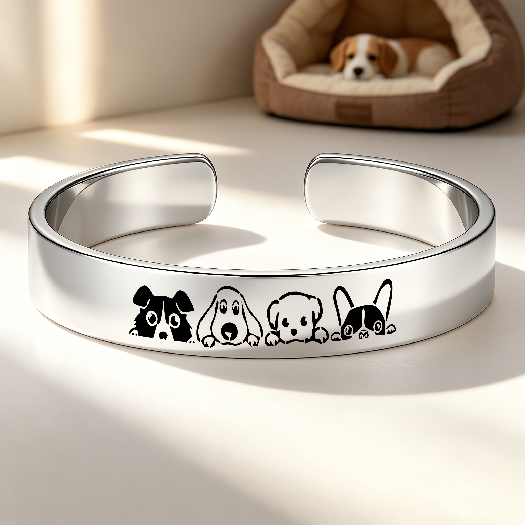 Cute Dog Silhouette 304 Stainless Steel Open Bangle Bracelet, Gift for Pet Lovers